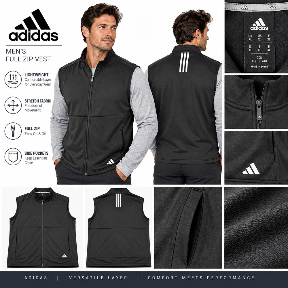 adidas Men's XL Golf Vest Black Full Zip Lightweight Outerwear Pocket Jacket